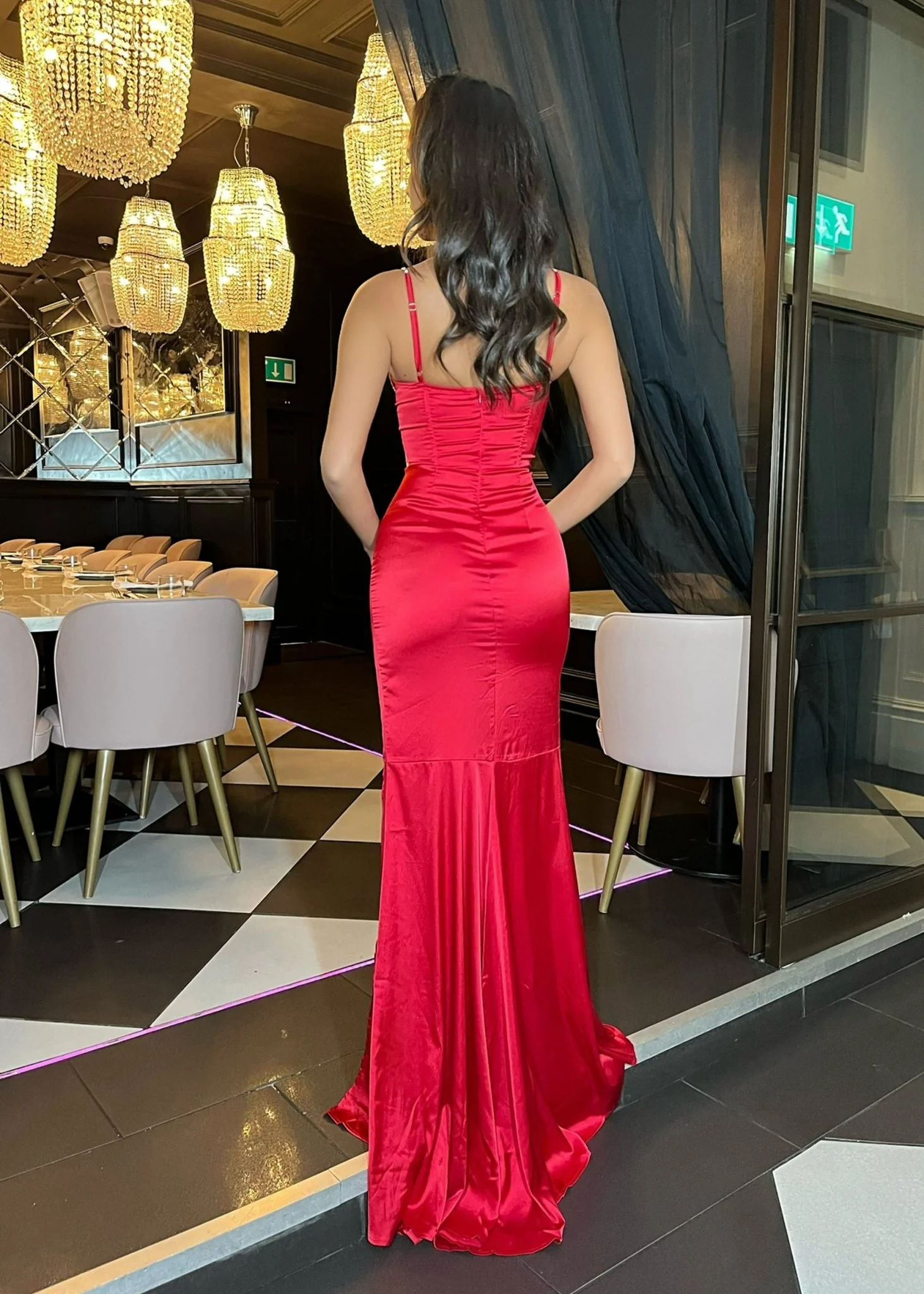 Carley Diamante Satin Split Gown - Red - Image 4