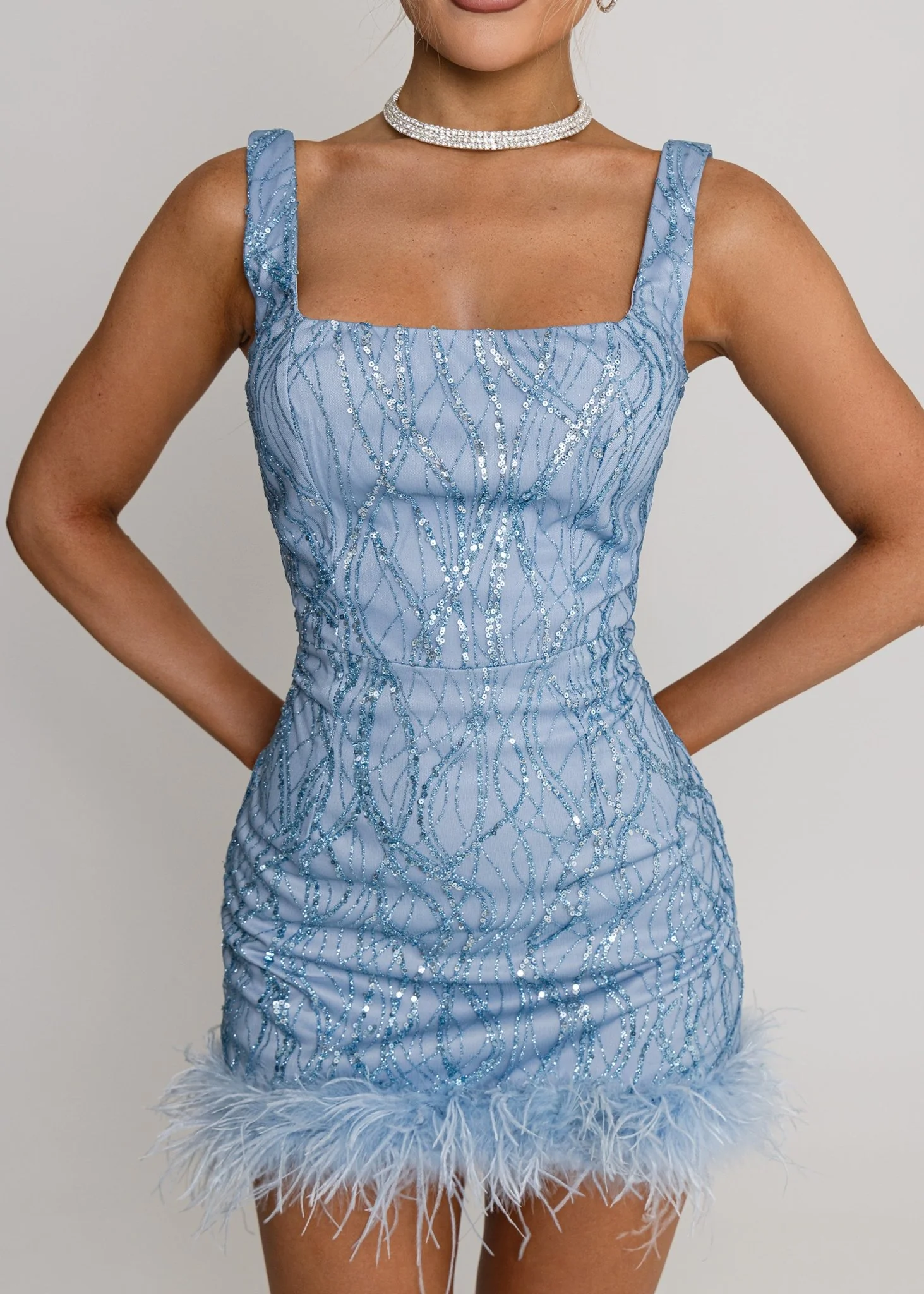 Electric Energy Feather Detail Mini Dress - Blue - Image 4