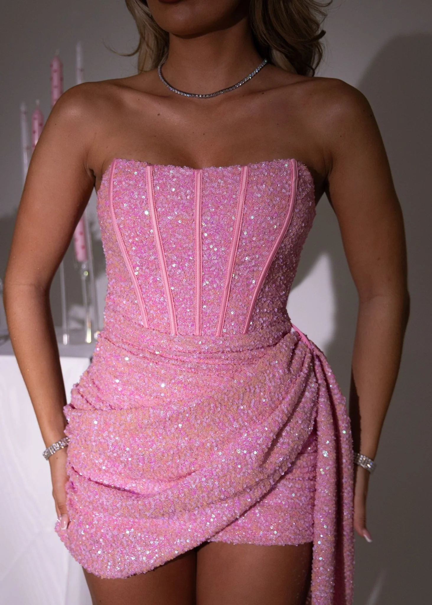 Endless Serenade Sequin Drape Mini Dress - Pink - Image 3