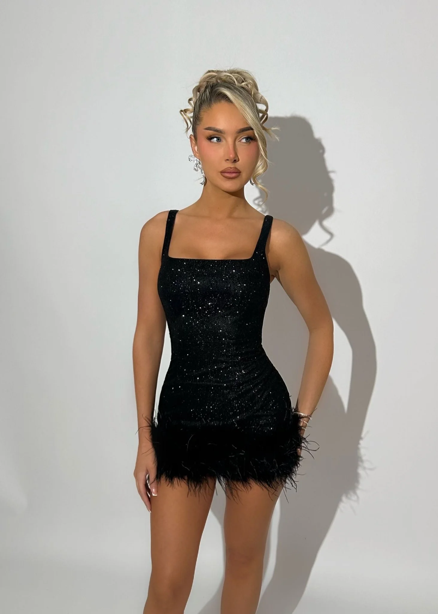 Glitz and Glamour Feather Detail Mini Dress - Black - Image 6