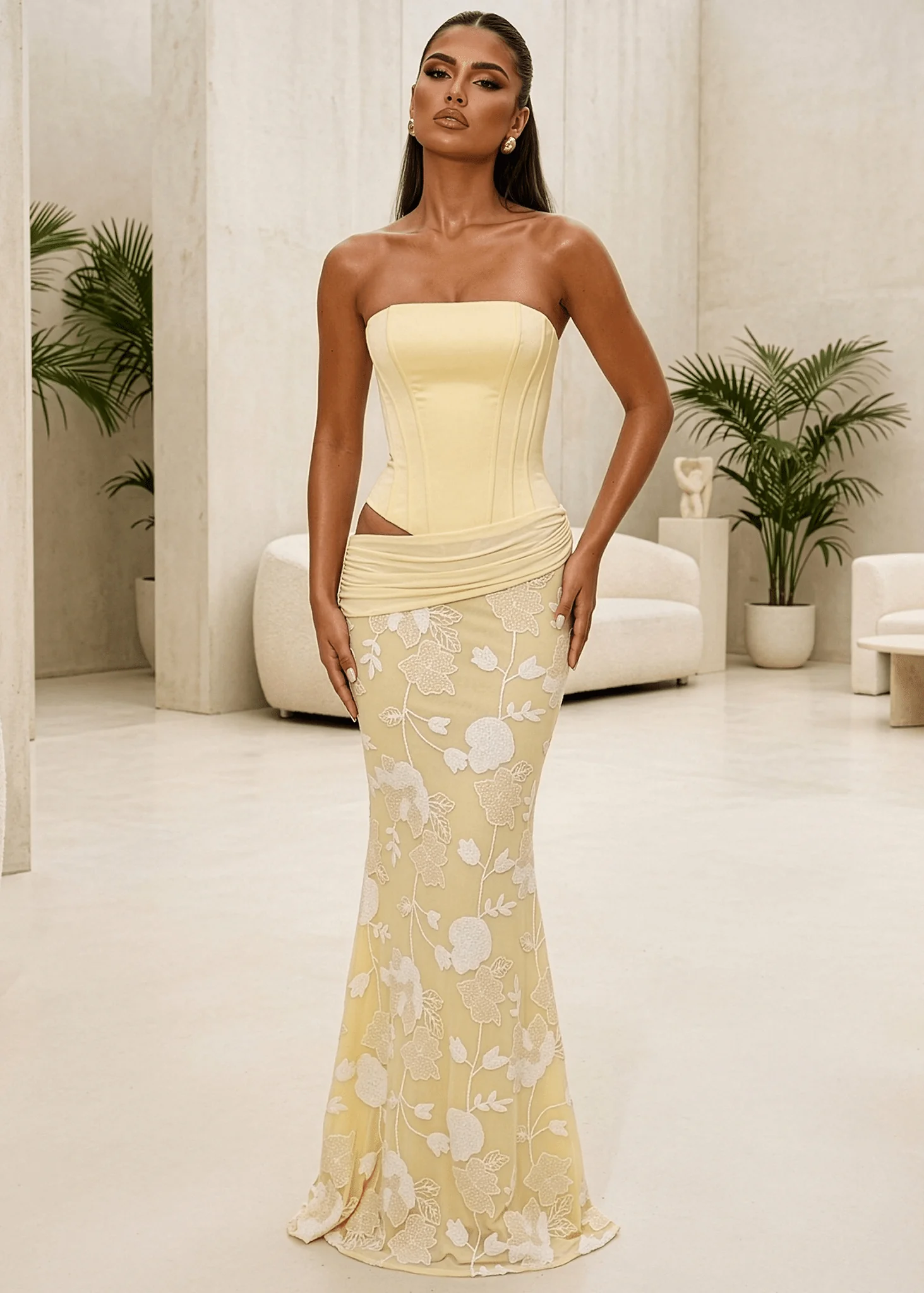 Impossible Desire Corset Embellished Maxi Dress - Yellow