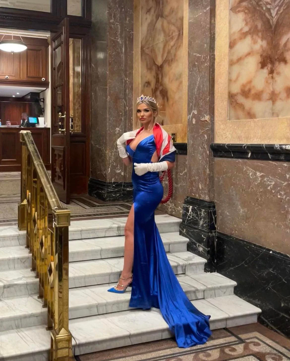 Touch of Glamour Satin Gown with Side Slit - Cobalt Blue - Image 6