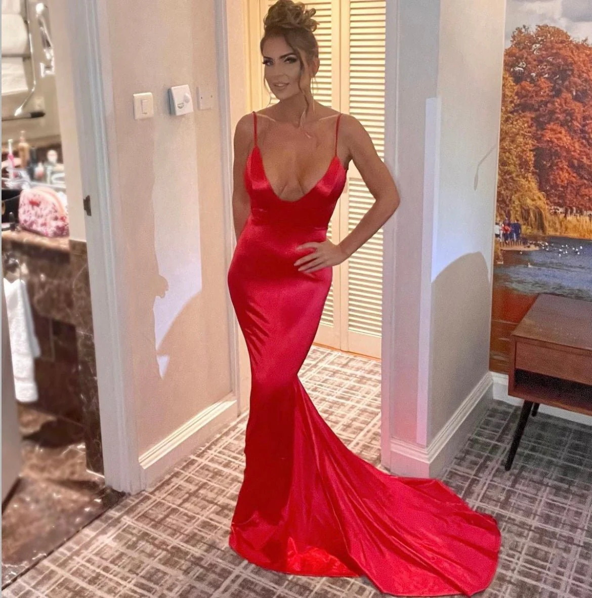 Love Affair Satin Gown with Ruched Back - Red - Image 6