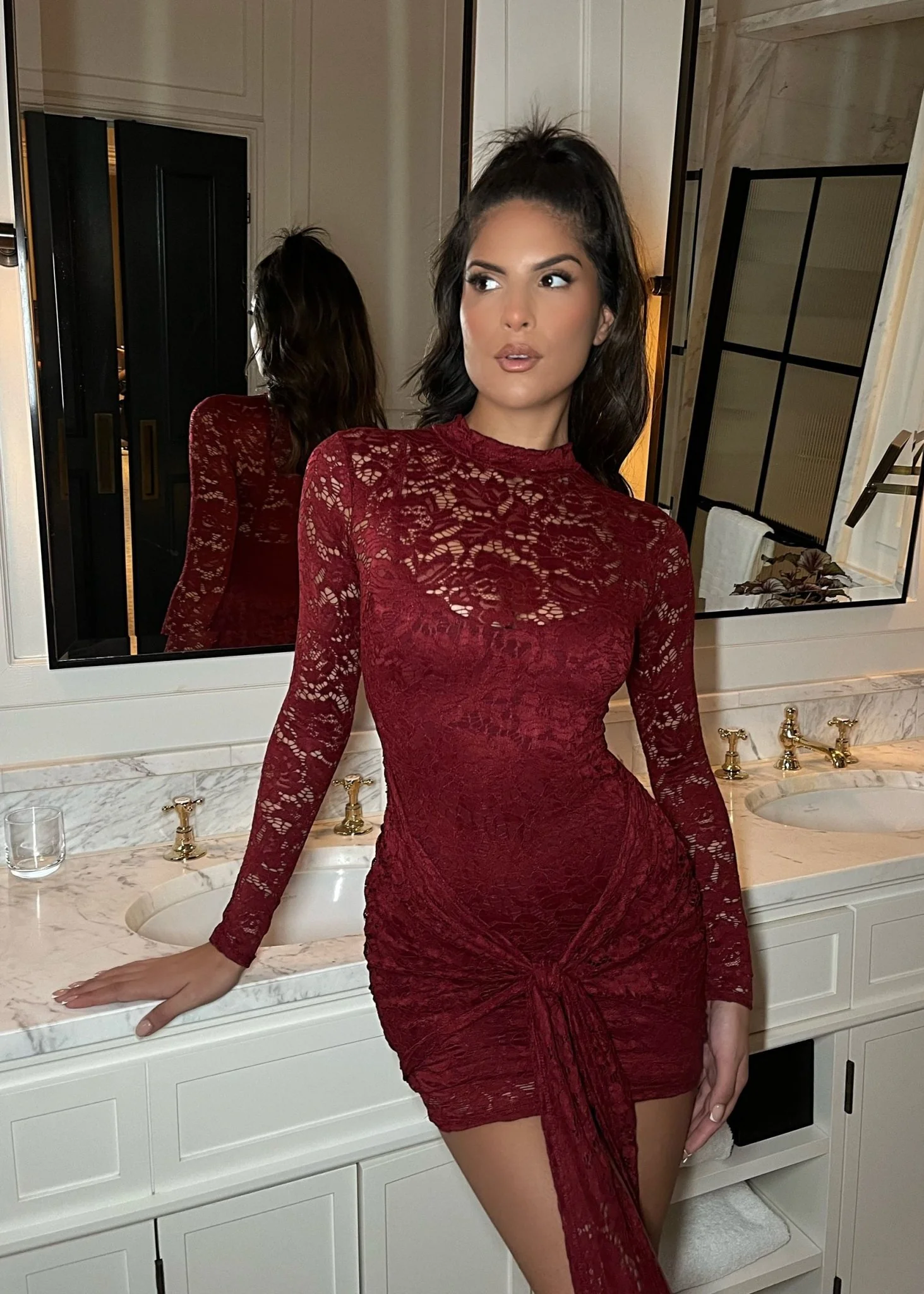 Love Club Lace High Neck Tie Detail Dress - Wine - Image 8