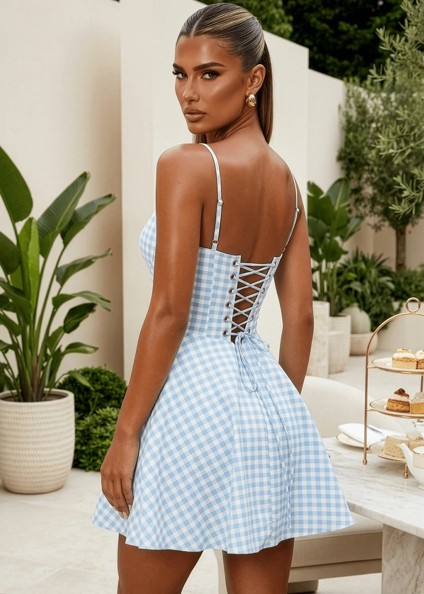 Meadow Muse Corset Gingham Mini Dress - Blue - Image 2