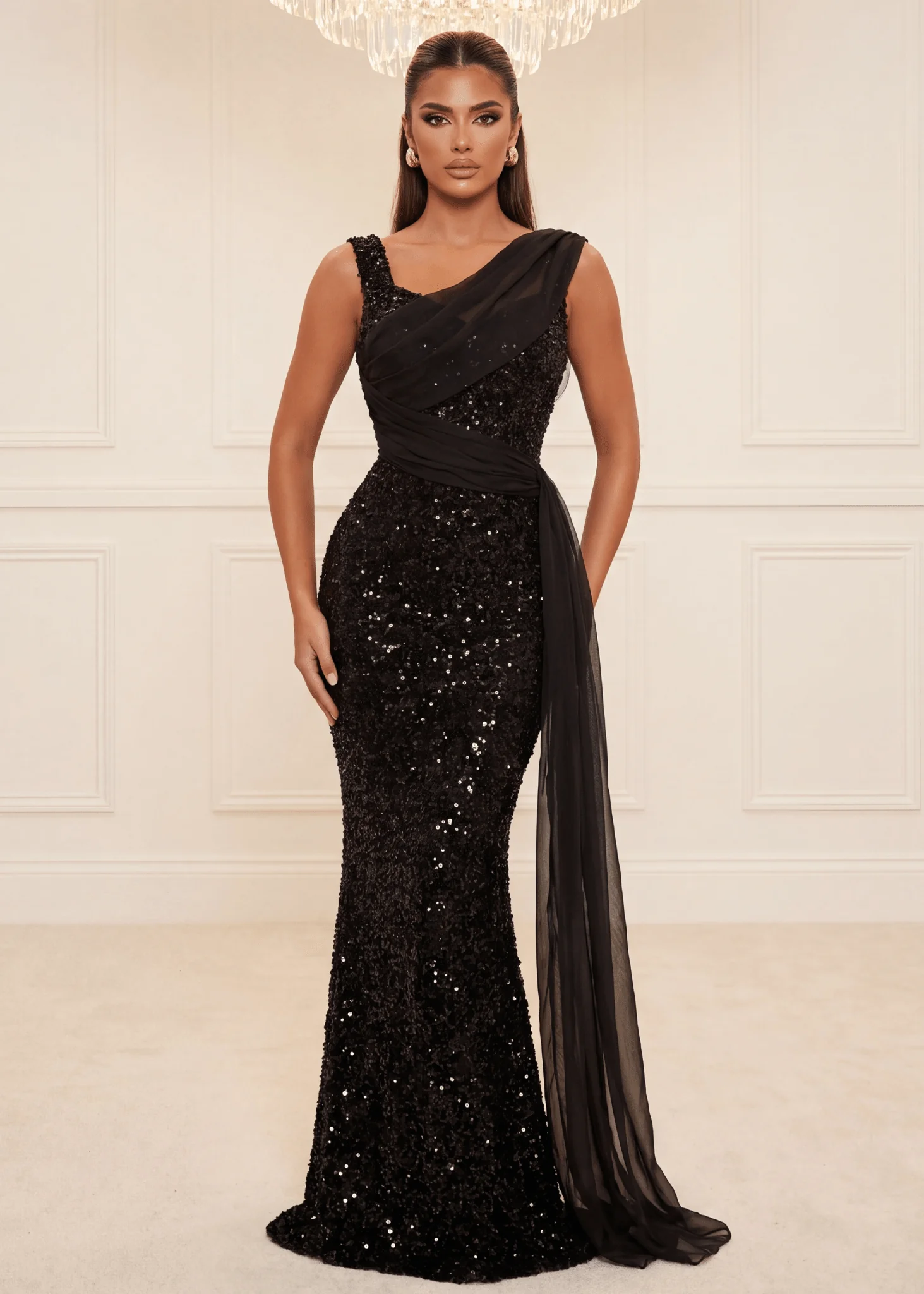 Prestige Hour Sequin Drape Gown - Black