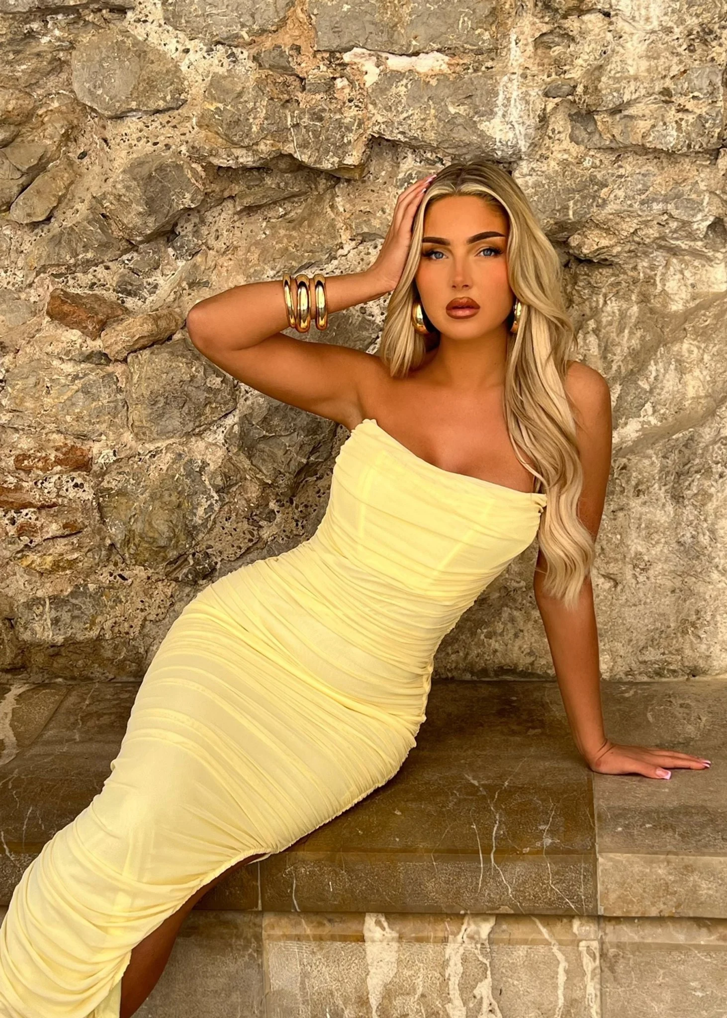Pretty Moment Ruched Midi Dress - Pastel Yellow - Image 4