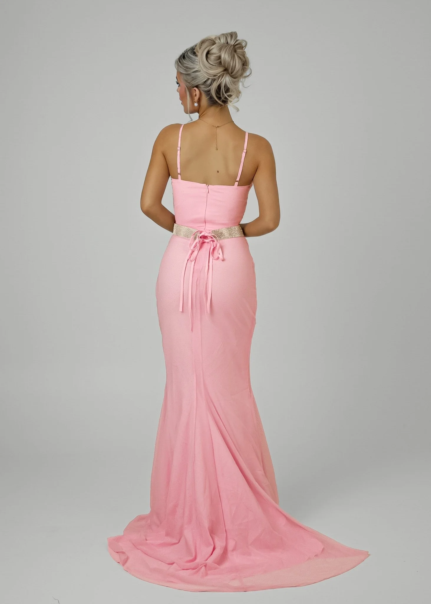 Secret Love Glitter Mesh Gown with Diamante Belt - Pink - Image 3