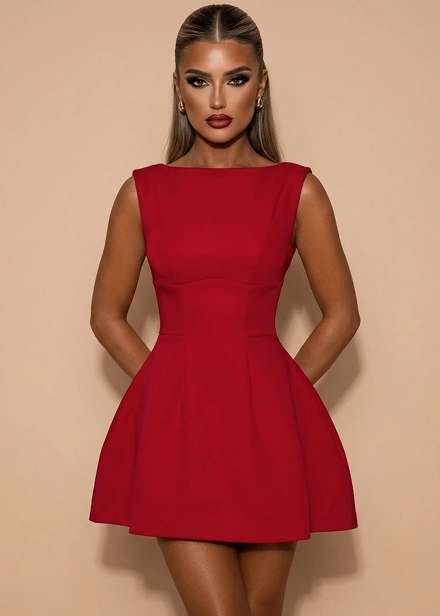 Serene Halo Structured Mini Dress - Red - Image 2