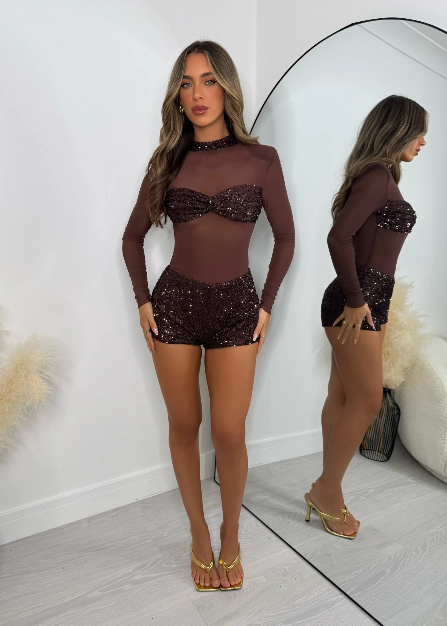Sheer Grace Sequin Mesh Playsuit - Brown - Image 10