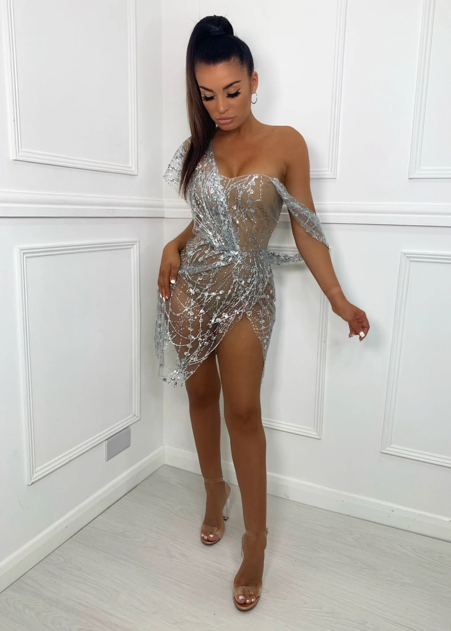 Sparkle Delight Glitter Mesh Dress - Silver - Image 8