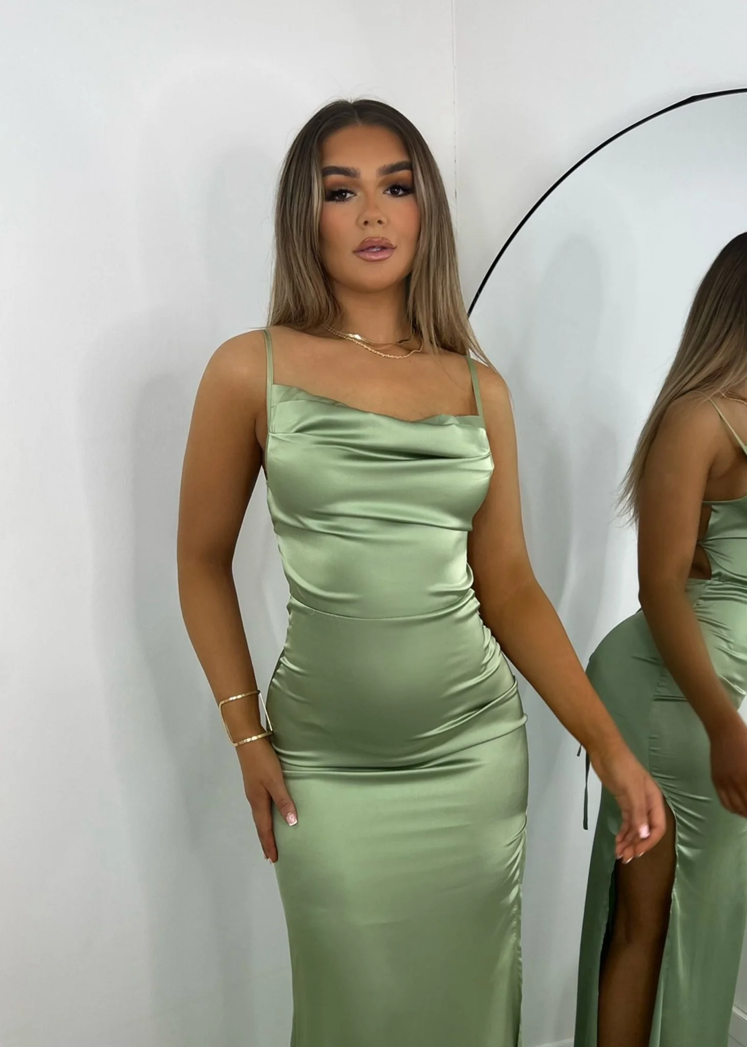 Tiana Satin Split Gown - Mint - Image 4