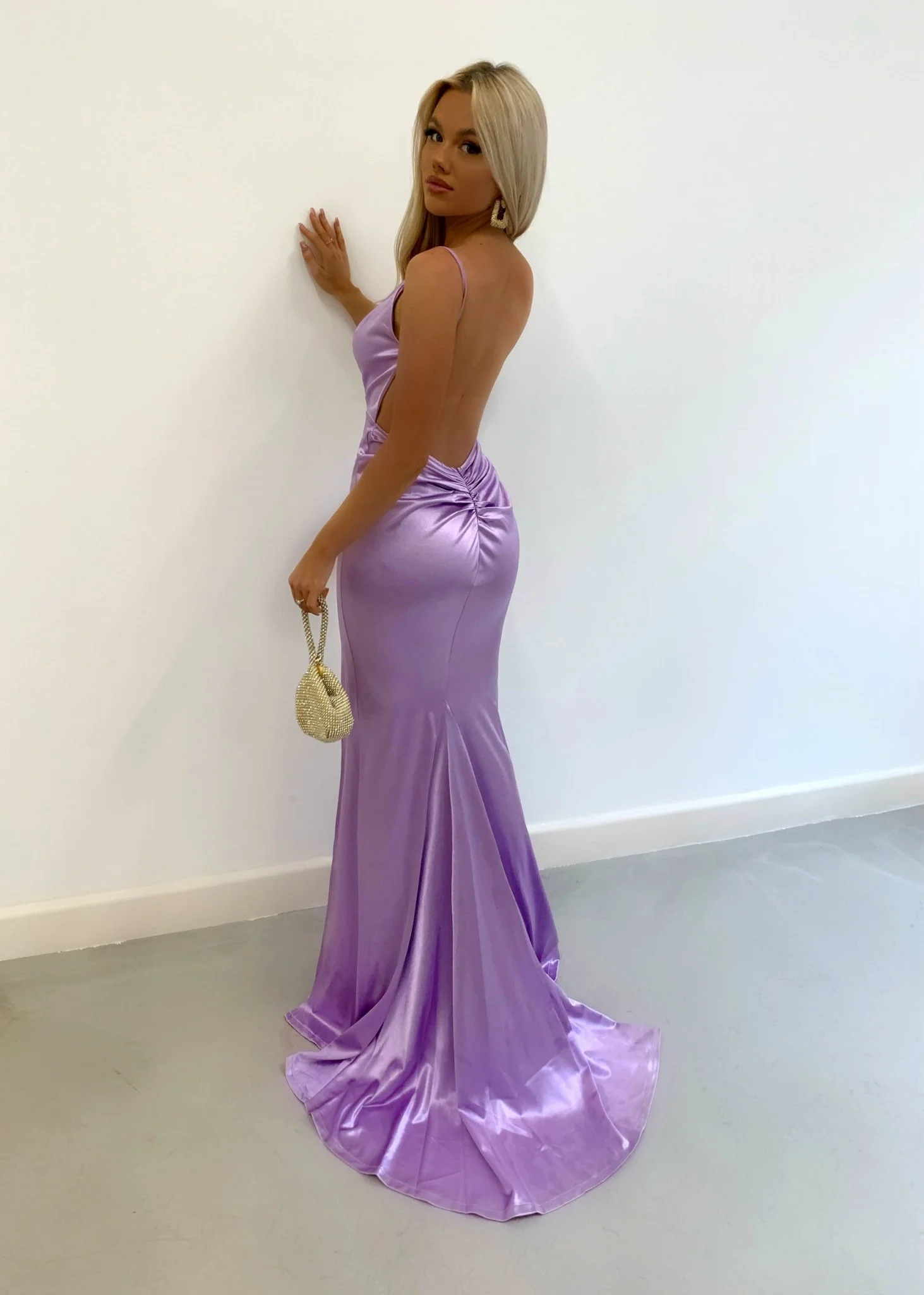 Touch of Glamour Satin Gown with Side Slit - Lilac - Image 5