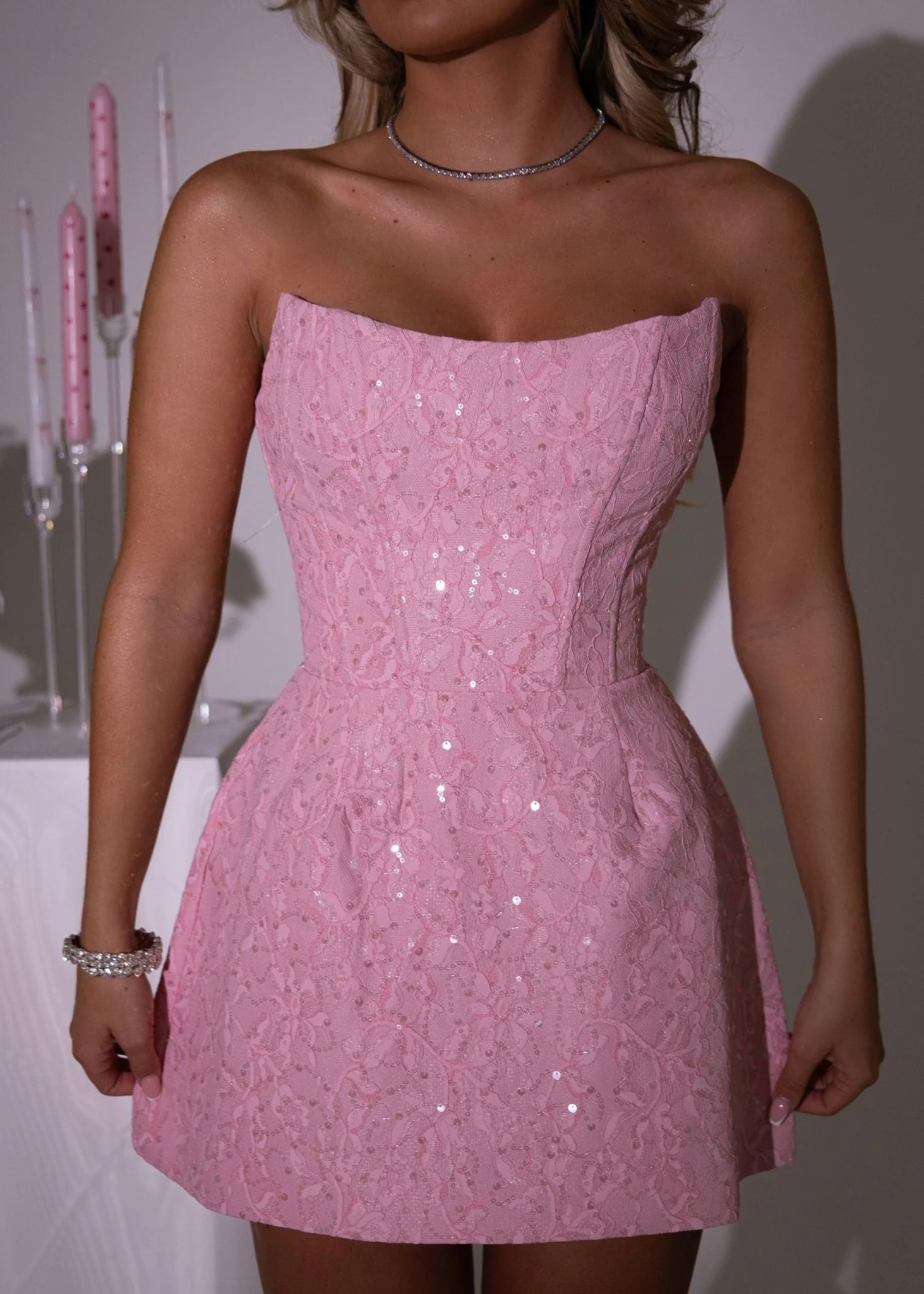 True Beauty Embellished Lace Mini Dress - Pink - Image 2
